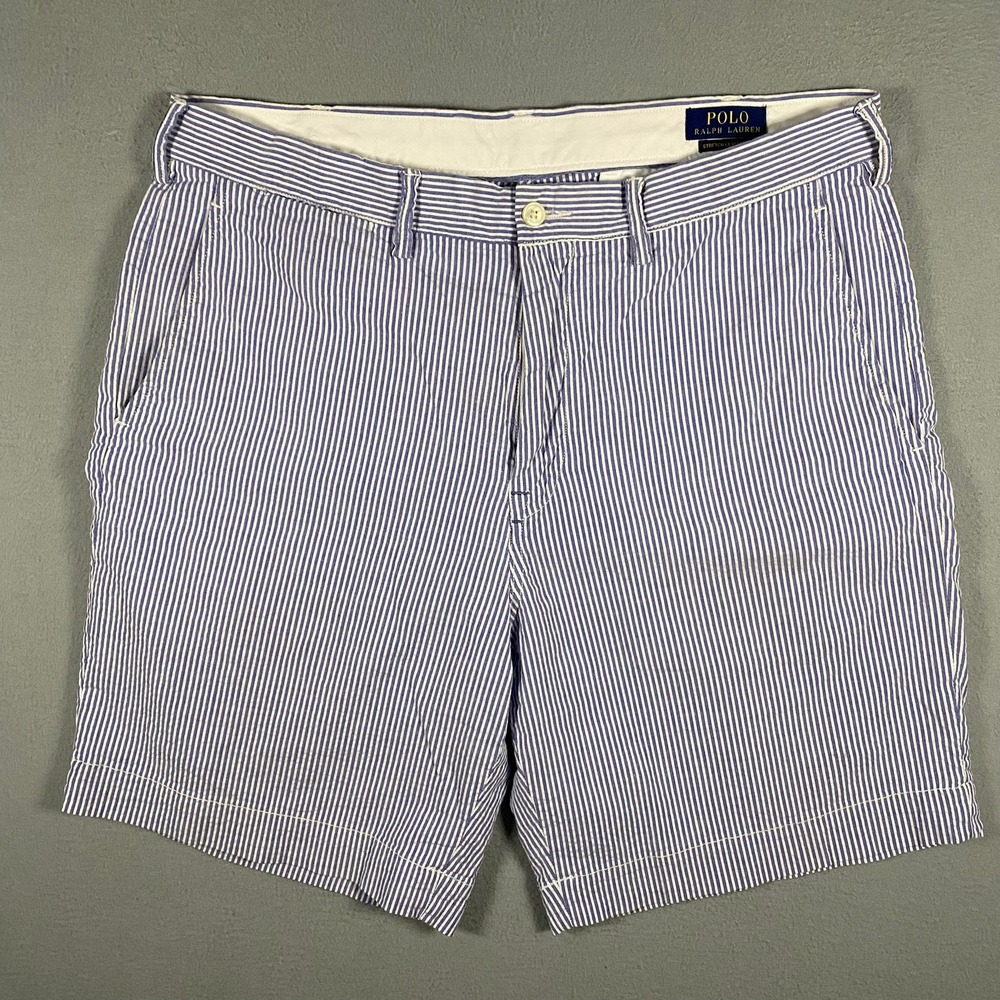 Polo Ralph Lauren Mens 36 Stretch Classic Fit Pinstripe Shorts Blue White Stripe - Picture 2 of 8